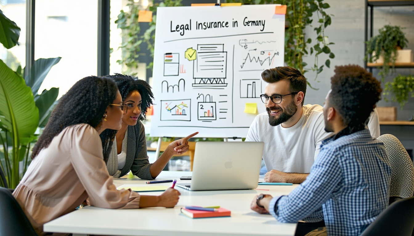 The image depicts a diverse group of professionals gathered around a table in a modern office setting They are engaged in a discussion with a laptop open displaying a legal document and a notepad filled with handwritten notes A whiteboard in the back