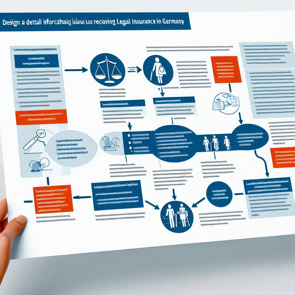 A detailed infographic showing a flowchart of the process of obtaining legal insurance in Germany, with sections highlighting costs and benefits.