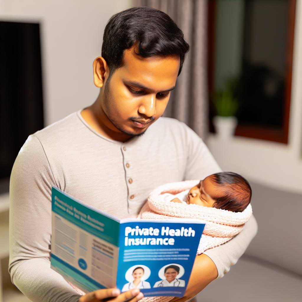 A parent holding a newborn baby while looking at a brochure about private health insurance.