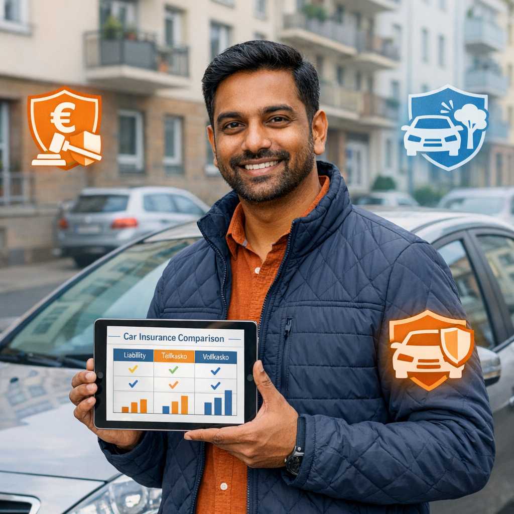 Indian expat in Germany standing next to a car on a German city street and reviewing different car insurance options on a tablet